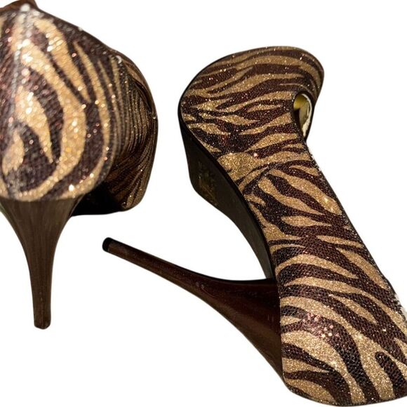 QUPID Brown/ Gold Zebra Print Rhinestone Platform Stiletto Heels Size 8 - Picture 12 of 14